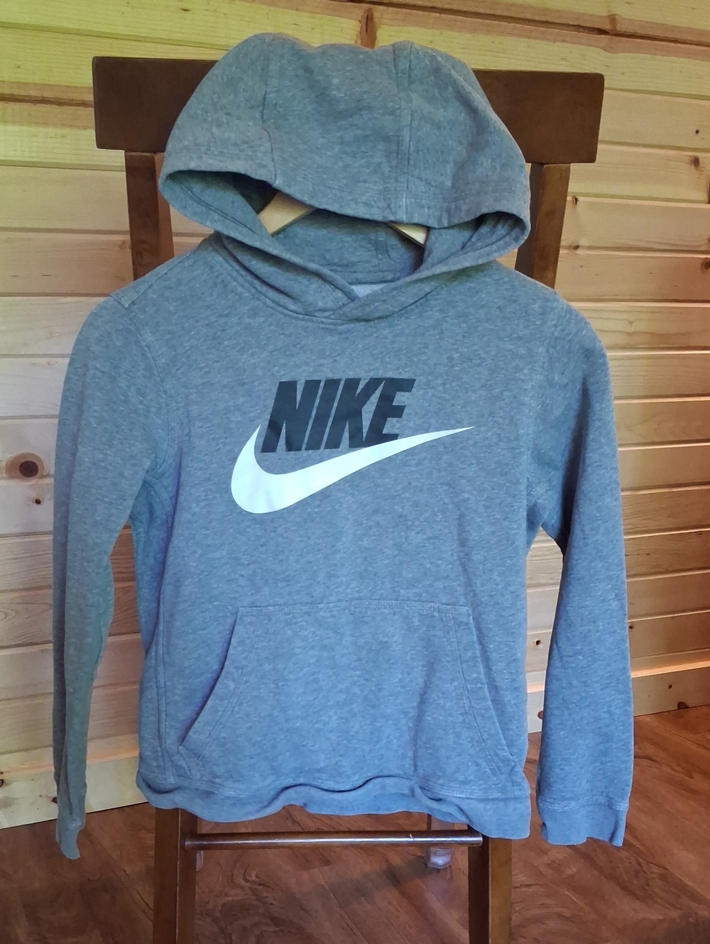 Nike Youth Heather Gray Hoodie with White Swoosh and Black Logo